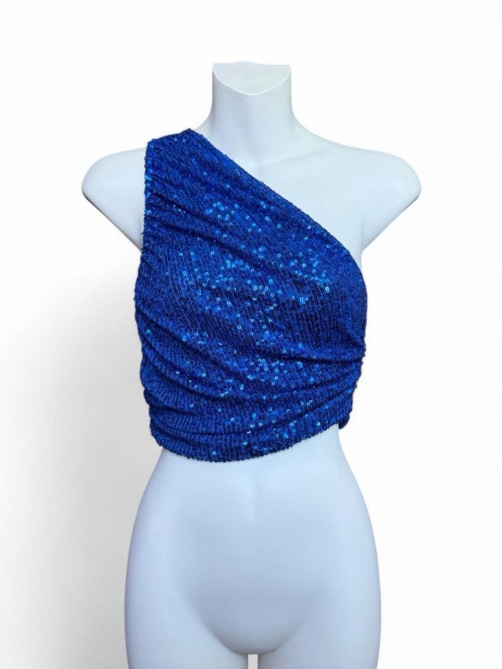 One-Shoulder Sequin Cropped Top in Royal Blue